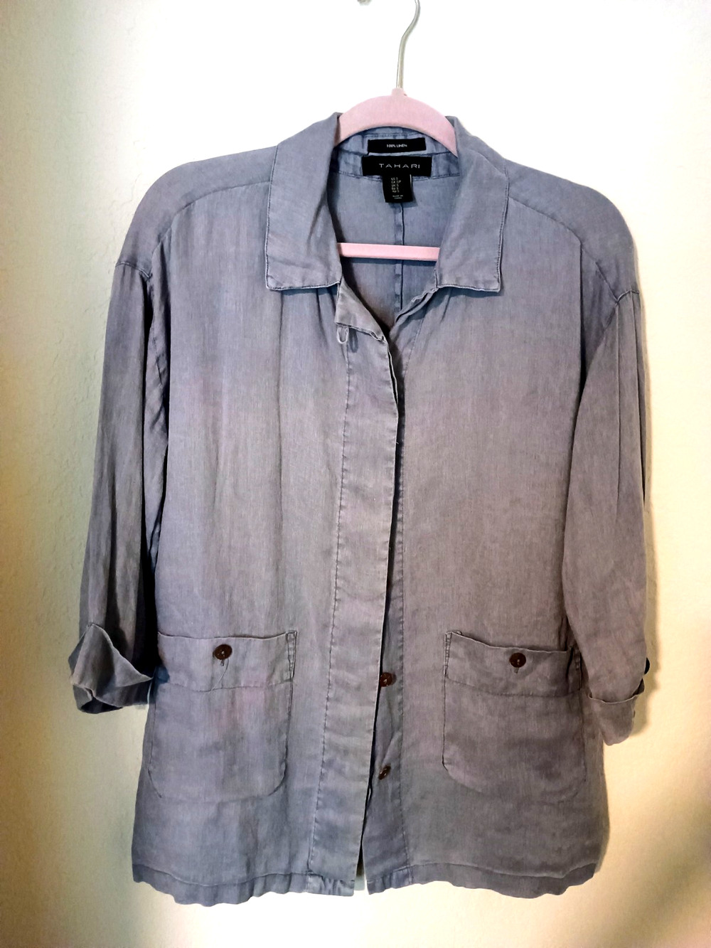 Tahari Blue Linen Button-Up 3/4 Sleeve Relaxed Long Tunic Top Sz S